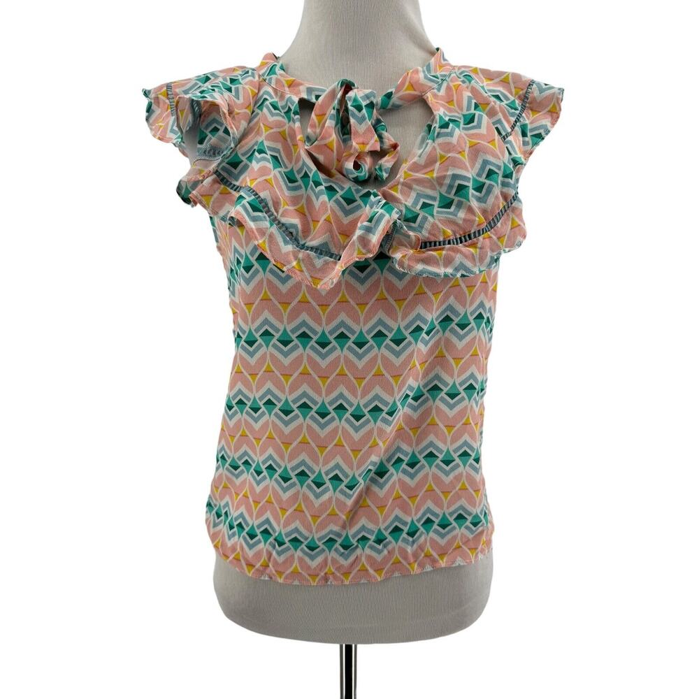 Paloma Blue Women's Printed Silk‎ Ruffle Tie Neck Blouse Size XS